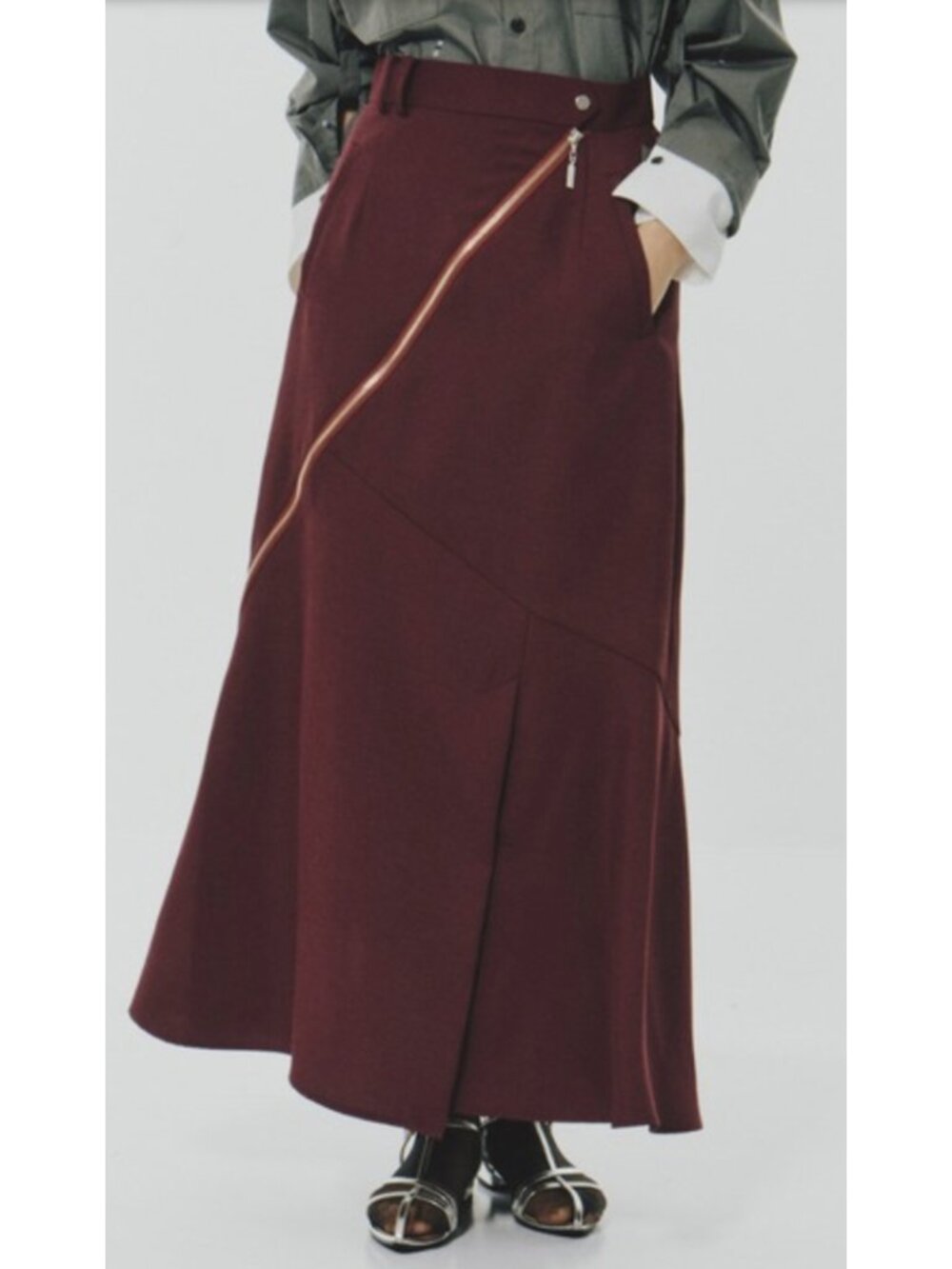 UNITED TOKYO Bias Cut Zip Midi Skirt Burgundy Avant Garde Japanese Minimalist